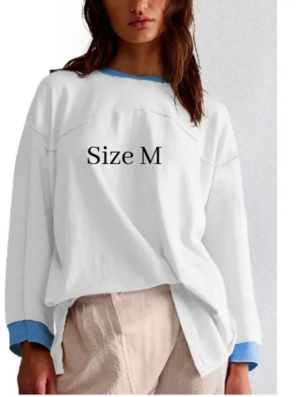 Acelitt Lightweight Blouse White Blue Trim Women M